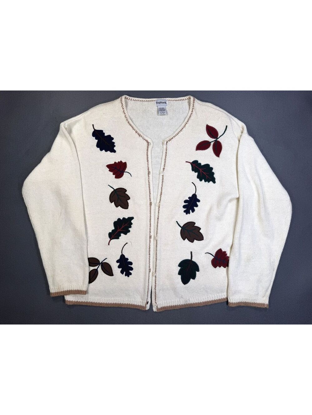 BonWorth Cardigan Womens L Fall Leaves Applique Ramie Cotton Cottagecore Sweater